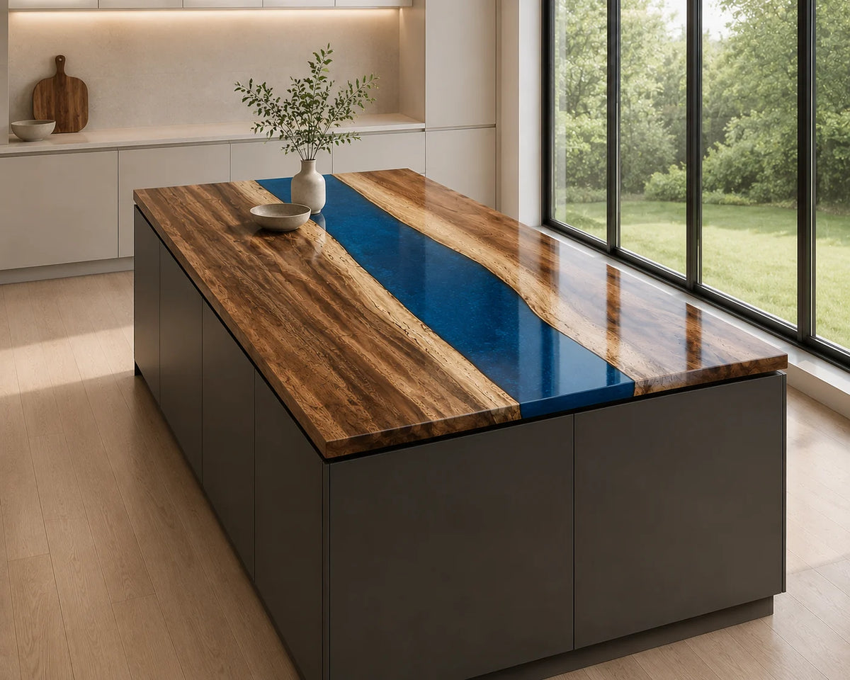 EKCC08 Sapphire Channel Sapphire Blue Epoxy Walnut Kitchen Countertop featuring handcrafted walnut wood and sapphire blue resin-1