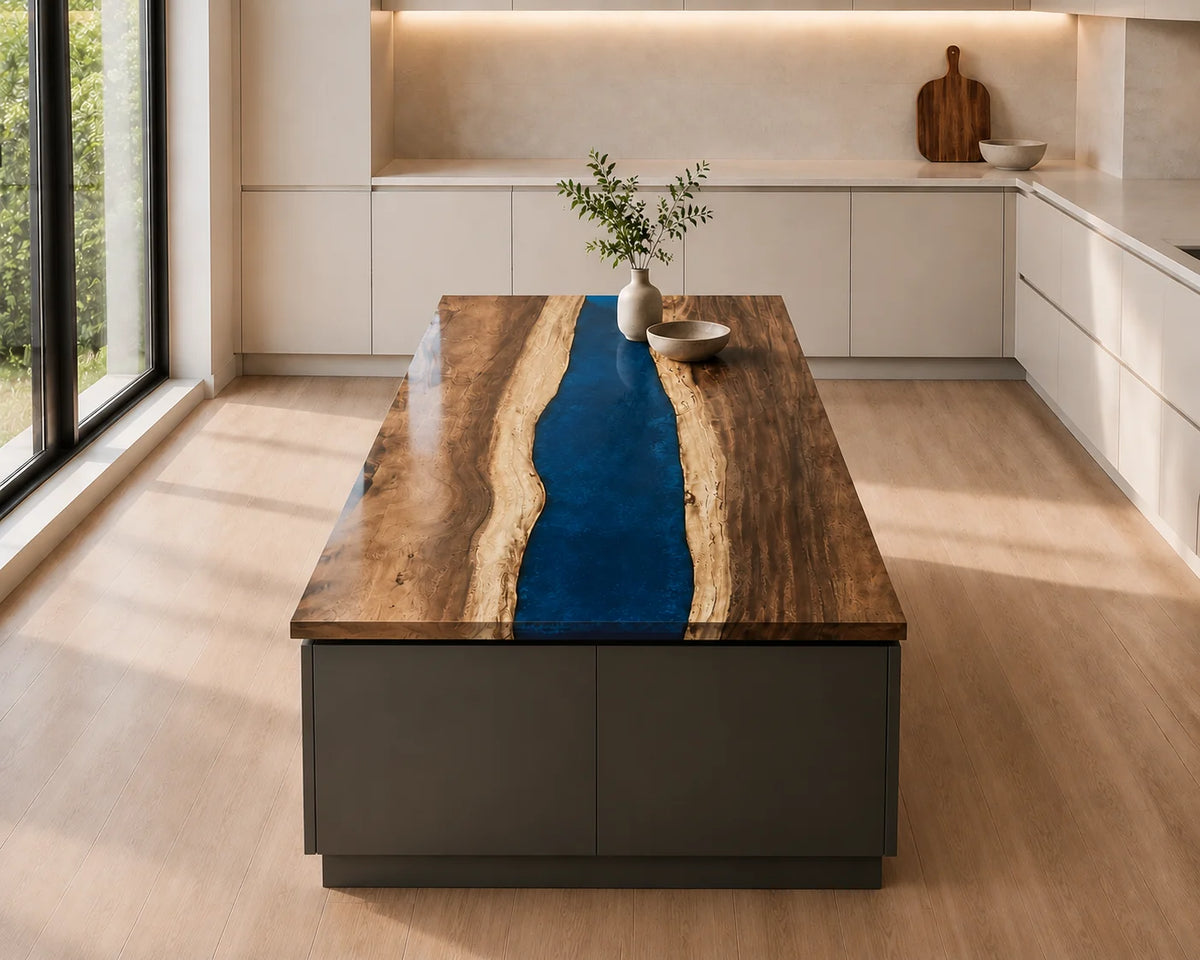 EKCC08 Sapphire Channel Sapphire Blue Epoxy Walnut Kitchen Countertop featuring handcrafted walnut wood and sapphire blue resin-2