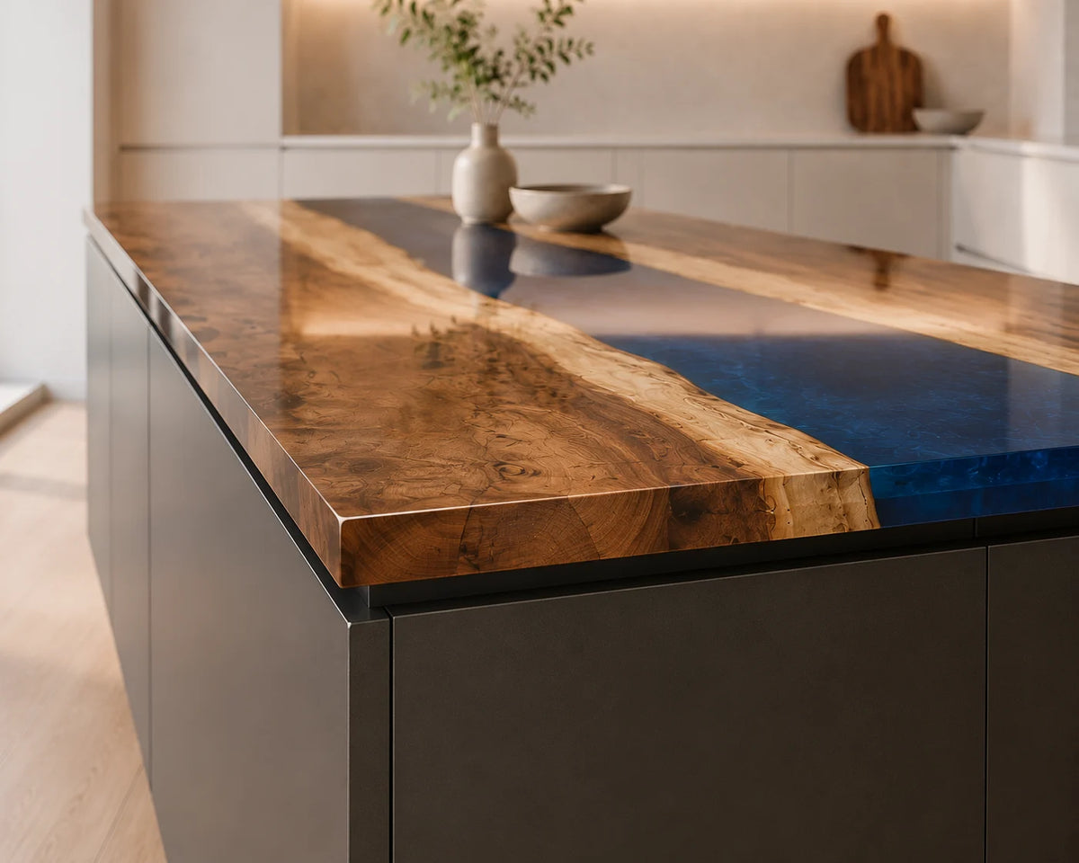 EKCC08 Sapphire Channel Sapphire Blue Epoxy Walnut Kitchen Countertop featuring handcrafted walnut wood and sapphire blue resin-3