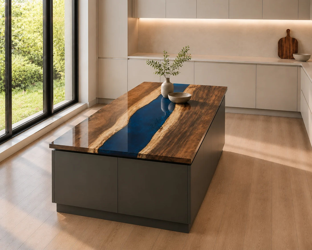 EKCC08 Sapphire Channel Sapphire Blue Epoxy Walnut Kitchen Countertop featuring handcrafted walnut wood and sapphire blue resin-5