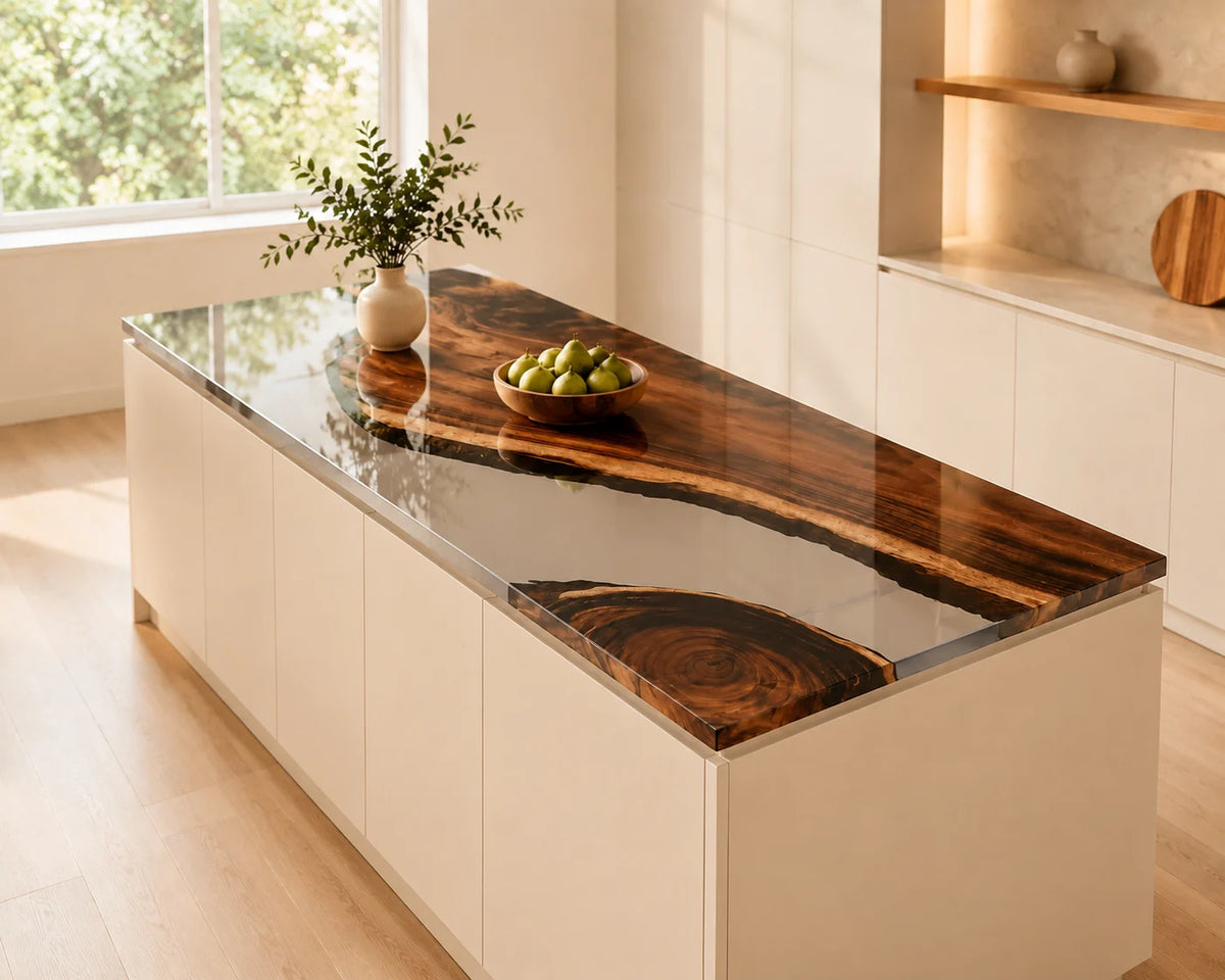 EKCC09 Clear Divide Crystal Clear Epoxy Walnut Kitchen Countertop featuring handcrafted walnut wood and crystal clear resin-2