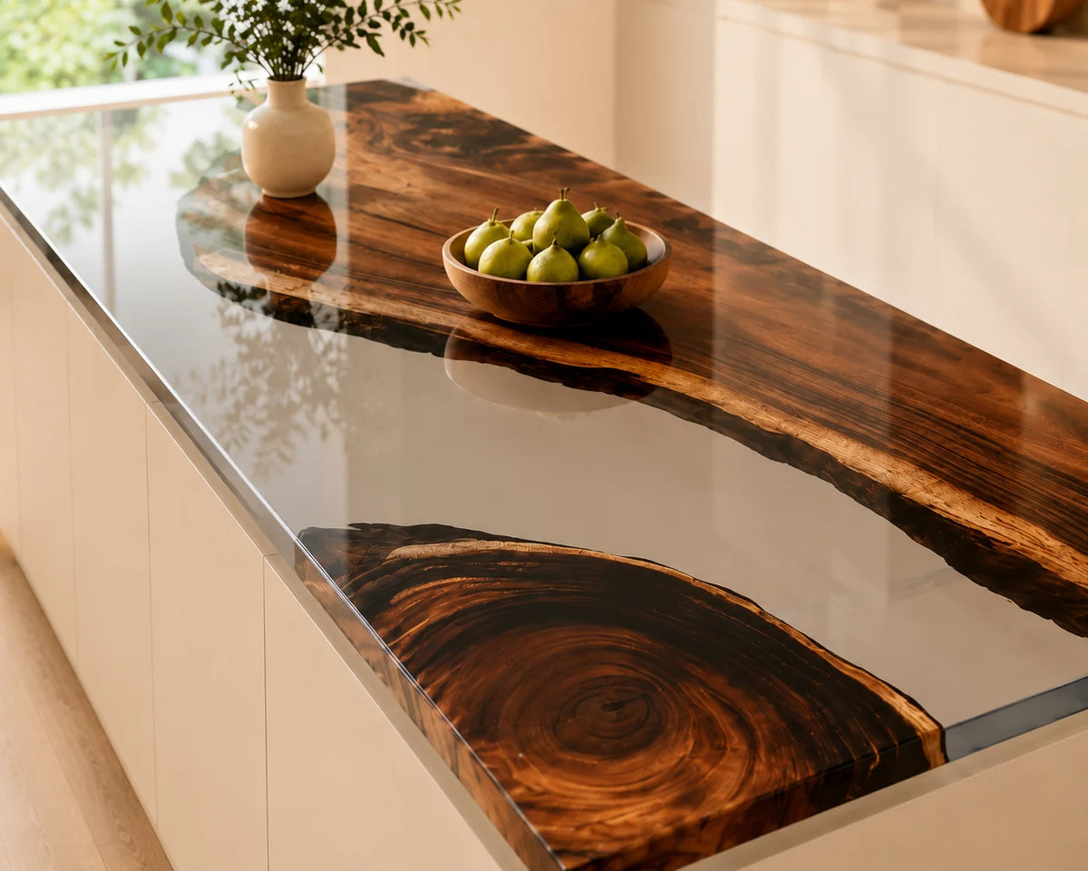 EKCC09 Clear Divide Crystal Clear Epoxy Walnut Kitchen Countertop featuring handcrafted walnut wood and crystal clear resin-3