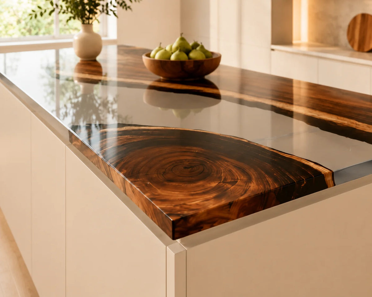EKCC09 Clear Divide Crystal Clear Epoxy Walnut Kitchen Countertop featuring handcrafted walnut wood and crystal clear resin-4