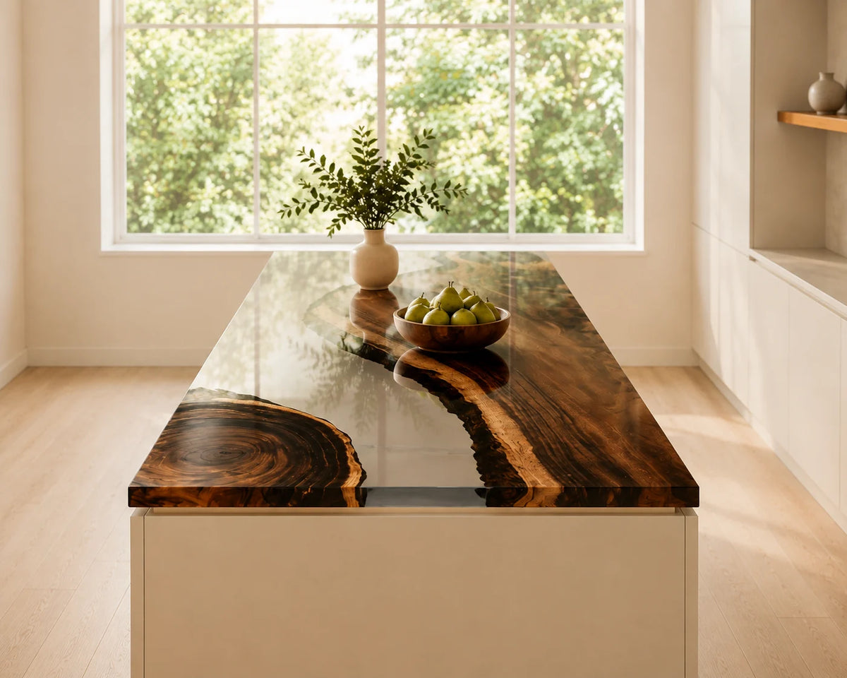 EKCC09 Clear Divide Crystal Clear Epoxy Walnut Kitchen Countertop featuring handcrafted walnut wood and crystal clear resin-5