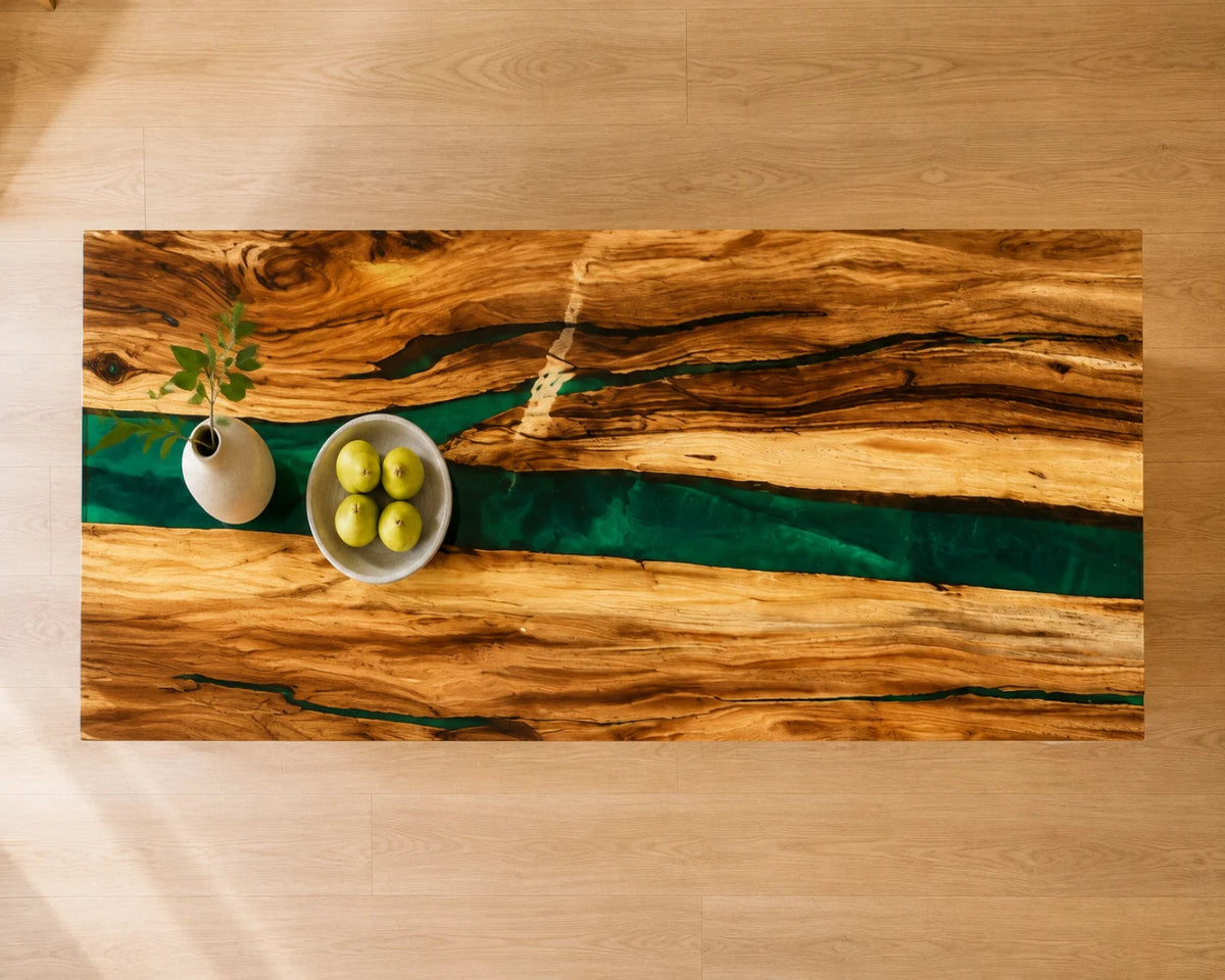 EKCC11 Emerald Ribbon Emerald Green Epoxy Walnut Kitchen Countertop featuring handcrafted walnut wood and emerald green resin-1