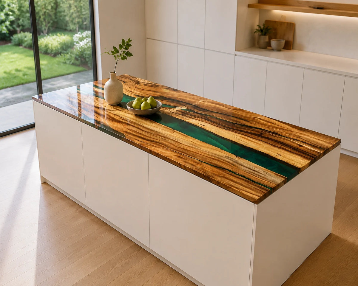 EKCC11 Emerald Ribbon Emerald Green Epoxy Walnut Kitchen Countertop featuring handcrafted walnut wood and emerald green resin-2