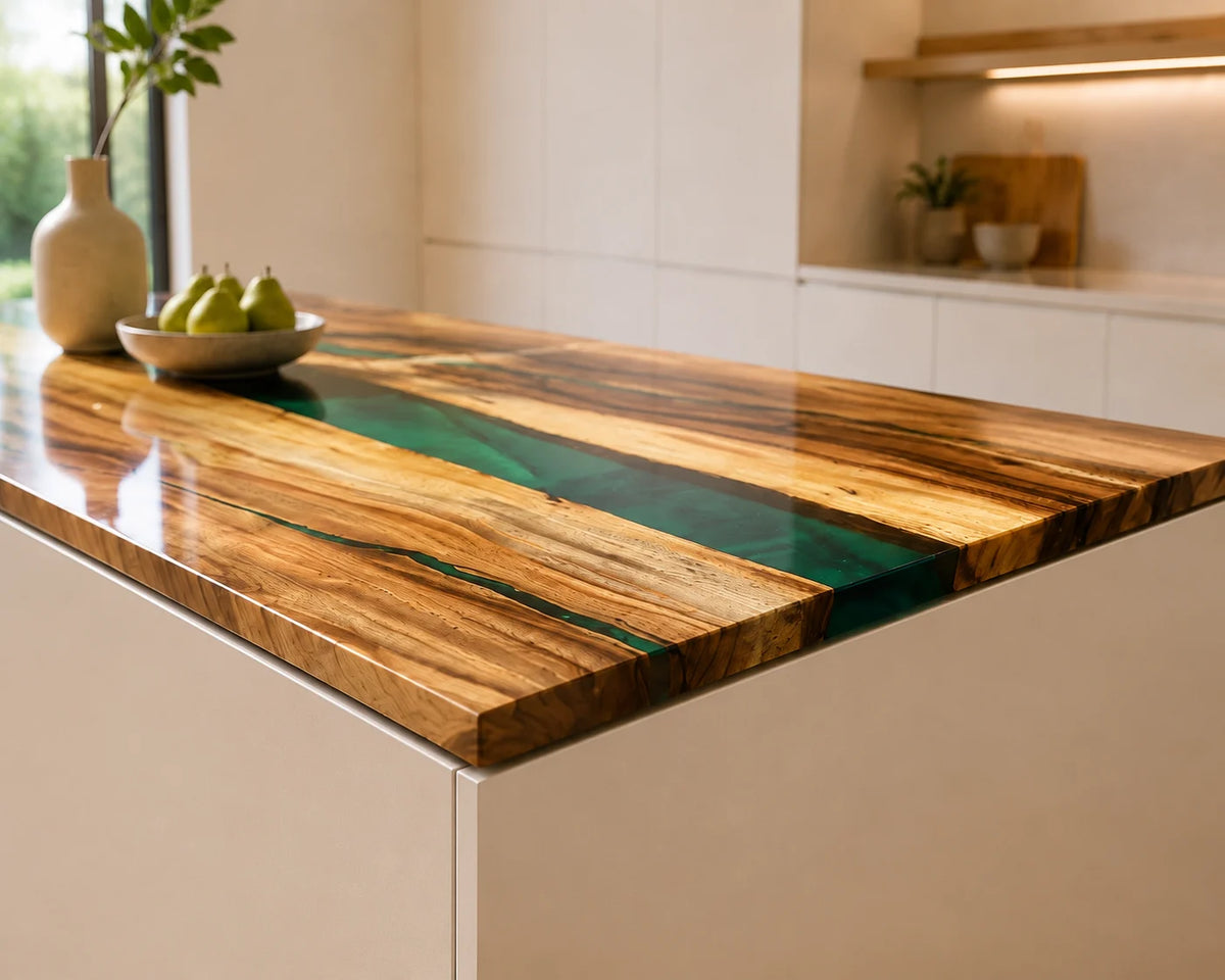 EKCC11 Emerald Ribbon Emerald Green Epoxy Walnut Kitchen Countertop featuring handcrafted walnut wood and emerald green resin-3