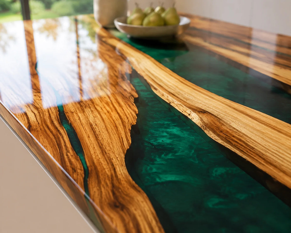 EKCC11 Emerald Ribbon Emerald Green Epoxy Walnut Kitchen Countertop featuring handcrafted walnut wood and emerald green resin-4
