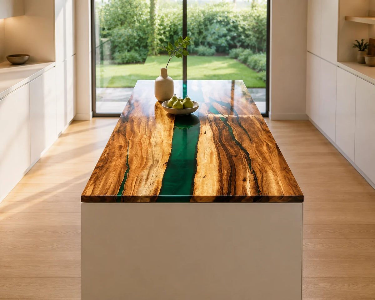 EKCC11 Emerald Ribbon Emerald Green Epoxy Walnut Kitchen Countertop featuring handcrafted walnut wood and emerald green resin-5