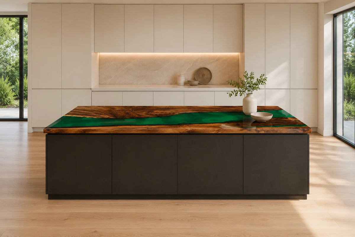 EKCC12 Green Horizon Emerald Green Epoxy Walnut Kitchen Countertop featuring handcrafted walnut wood and emerald green resin-1