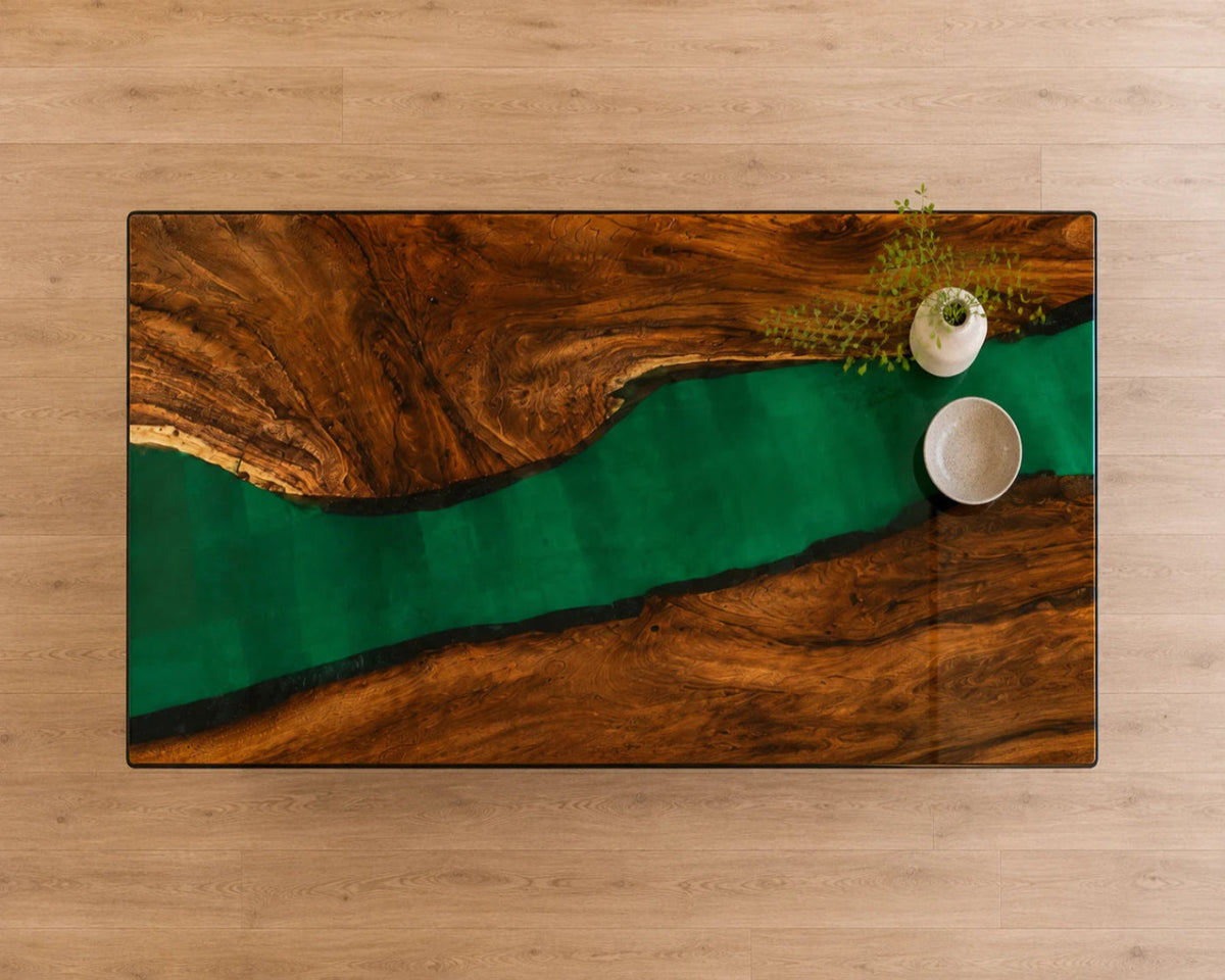 EKCC12 Green Horizon Emerald Green Epoxy Walnut Kitchen Countertop featuring handcrafted walnut wood and emerald green resin-5