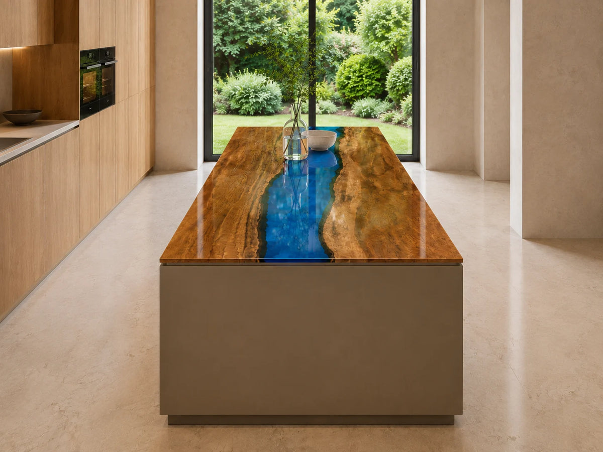 EKCC13 Sapphire Inlet Sapphire Blue Epoxy Walnut Kitchen Countertop featuring handcrafted walnut wood and sapphire blue resin-1