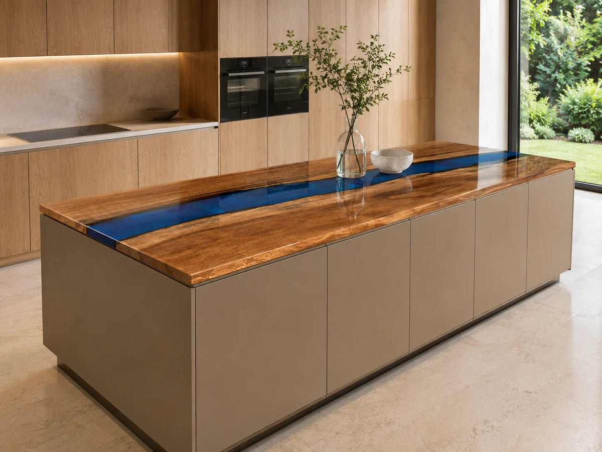 EKCC13 Sapphire Inlet Sapphire Blue Epoxy Walnut Kitchen Countertop featuring handcrafted walnut wood and sapphire blue resin-2
