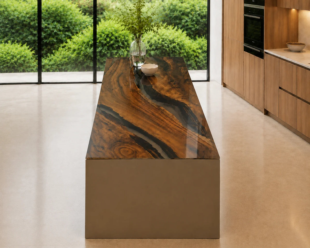 EKCC14 Midnight Sweep Jet Black Epoxy Walnut Kitchen Countertop featuring handcrafted walnut wood and jet black resin-1