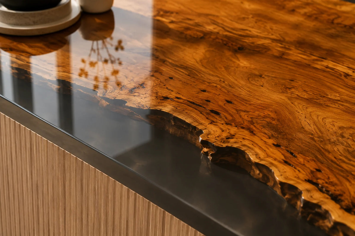 EKCC15 Amber Edge Clear Amber Epoxy Walnut Kitchen Countertop featuring handcrafted walnut wood and clear amber resin-4