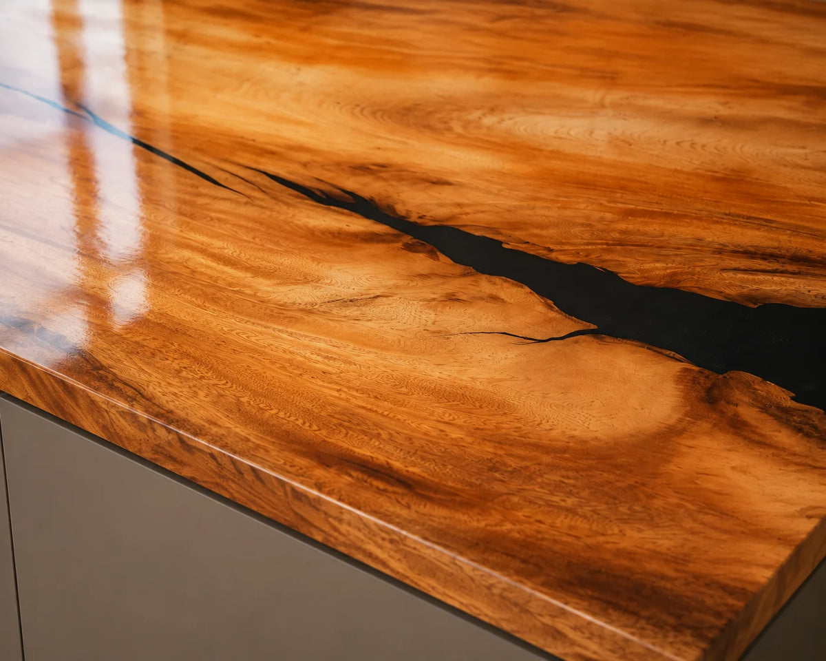 EKCC16 Black Fissure Jet Black Epoxy Walnut Kitchen Countertop featuring handcrafted walnut wood and jet black resin-3
