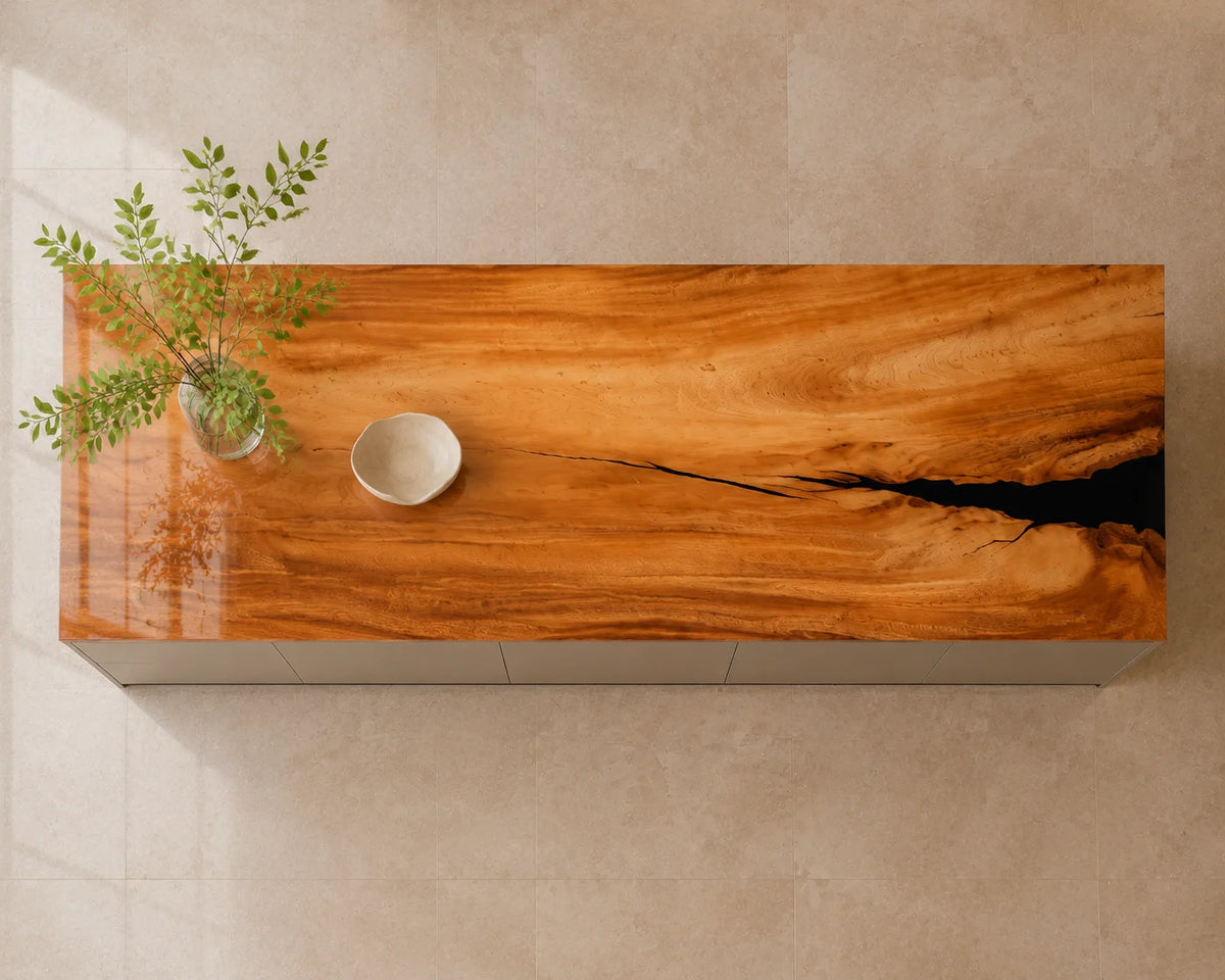 EKCC16 Black Fissure Jet Black Epoxy Walnut Kitchen Countertop featuring handcrafted walnut wood and jet black resin-6