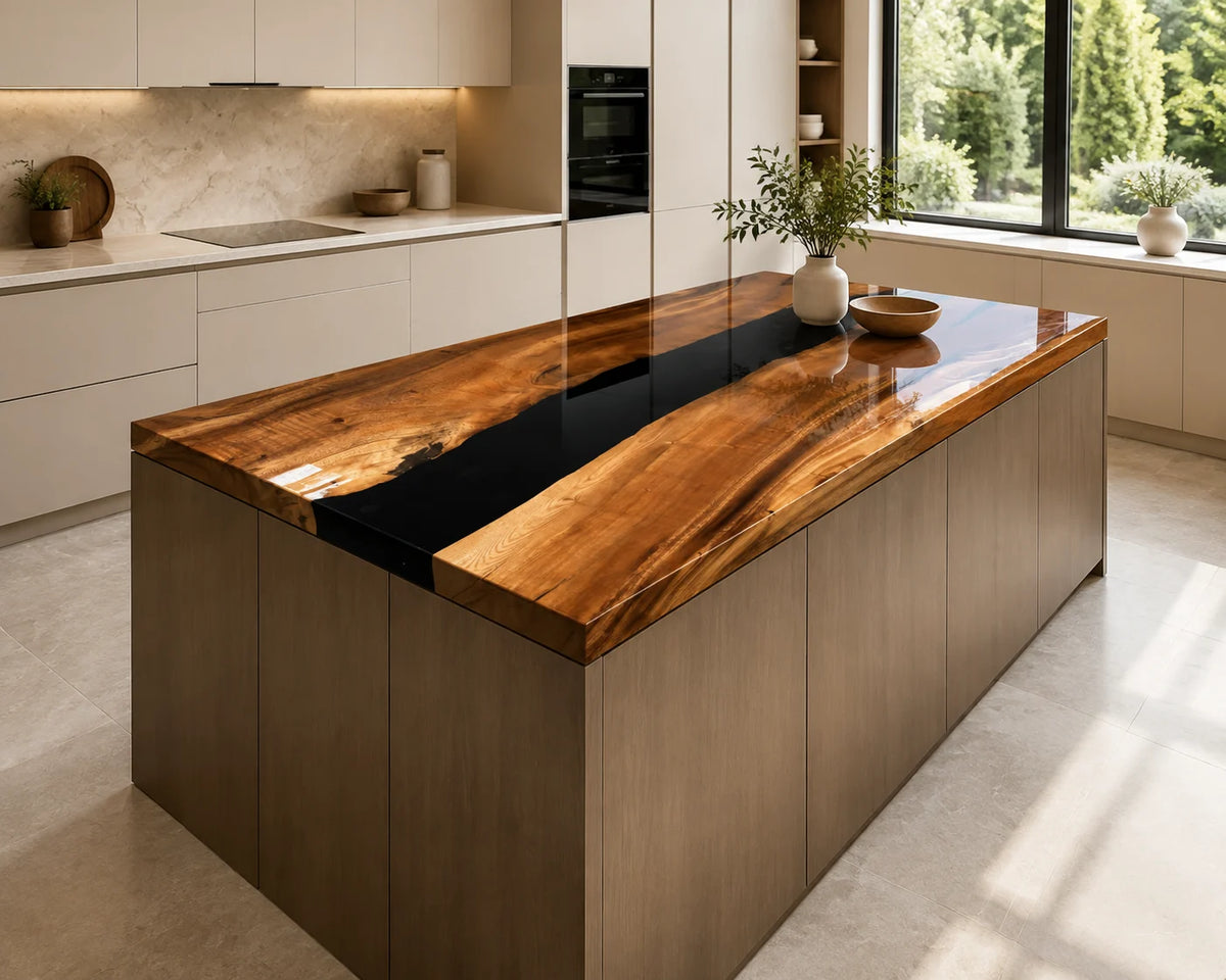 EKCC17 Onyx River Jet Black Epoxy Walnut Kitchen Countertop featuring handcrafted walnut wood and jet black resin-2