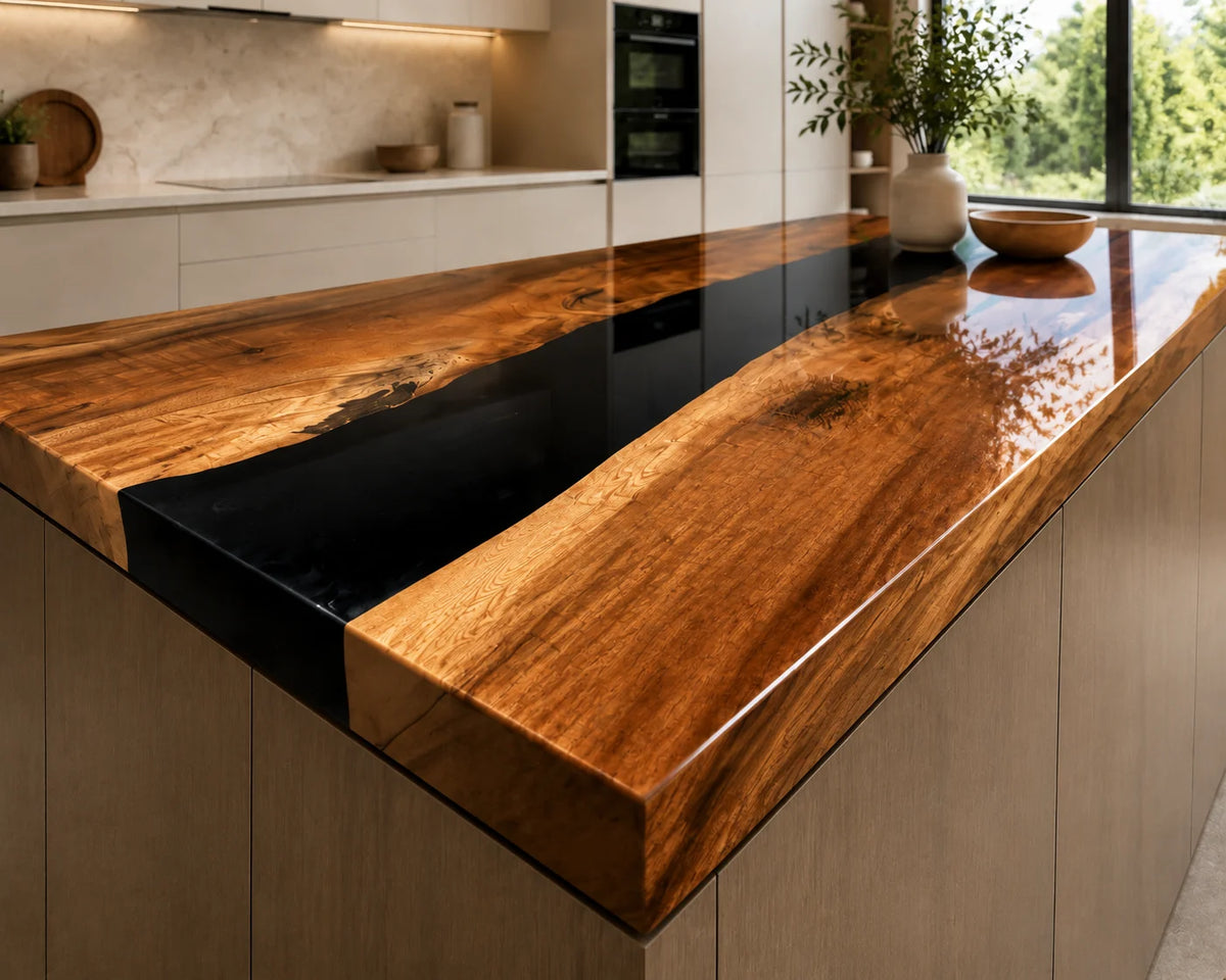 EKCC17 Onyx River Jet Black Epoxy Walnut Kitchen Countertop featuring handcrafted walnut wood and jet black resin-4