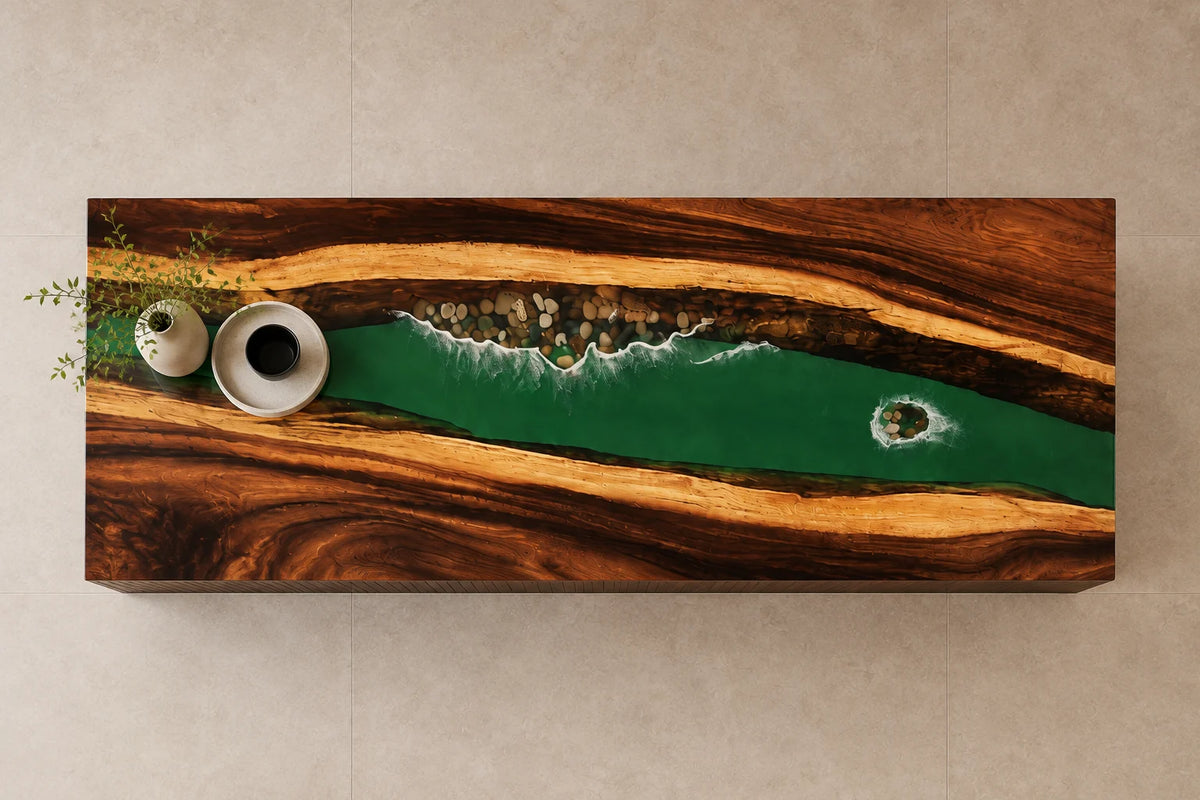 EKCC18 Emerald Surf Emerald Green with Ocean Foam Epoxy Walnut Kitchen Countertop featuring handcrafted walnut wood and emerald green with ocean foam resin-1