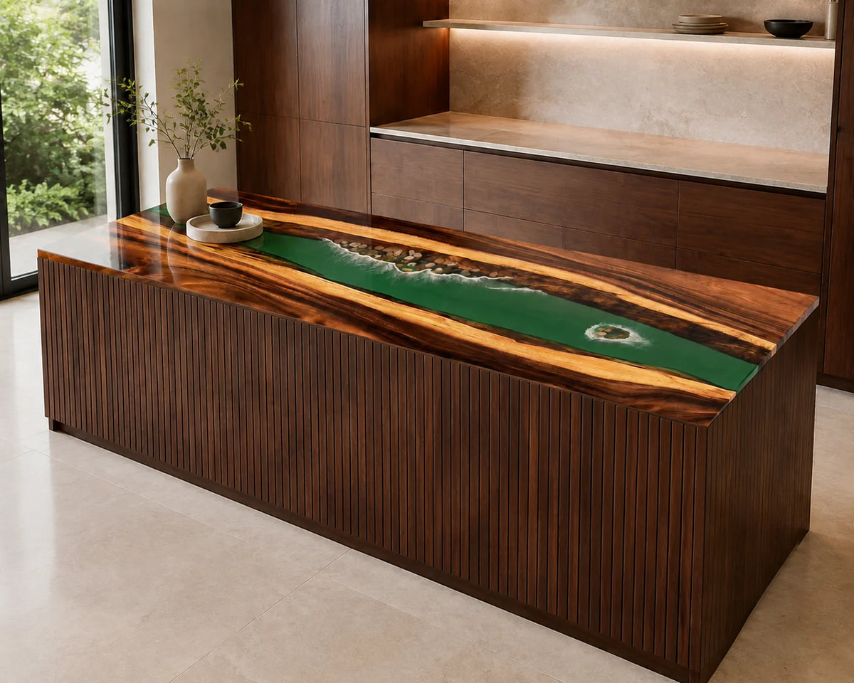 EKCC18 Emerald Surf Emerald Green with Ocean Foam Epoxy Walnut Kitchen Countertop featuring handcrafted walnut wood and emerald green with ocean foam resin-2
