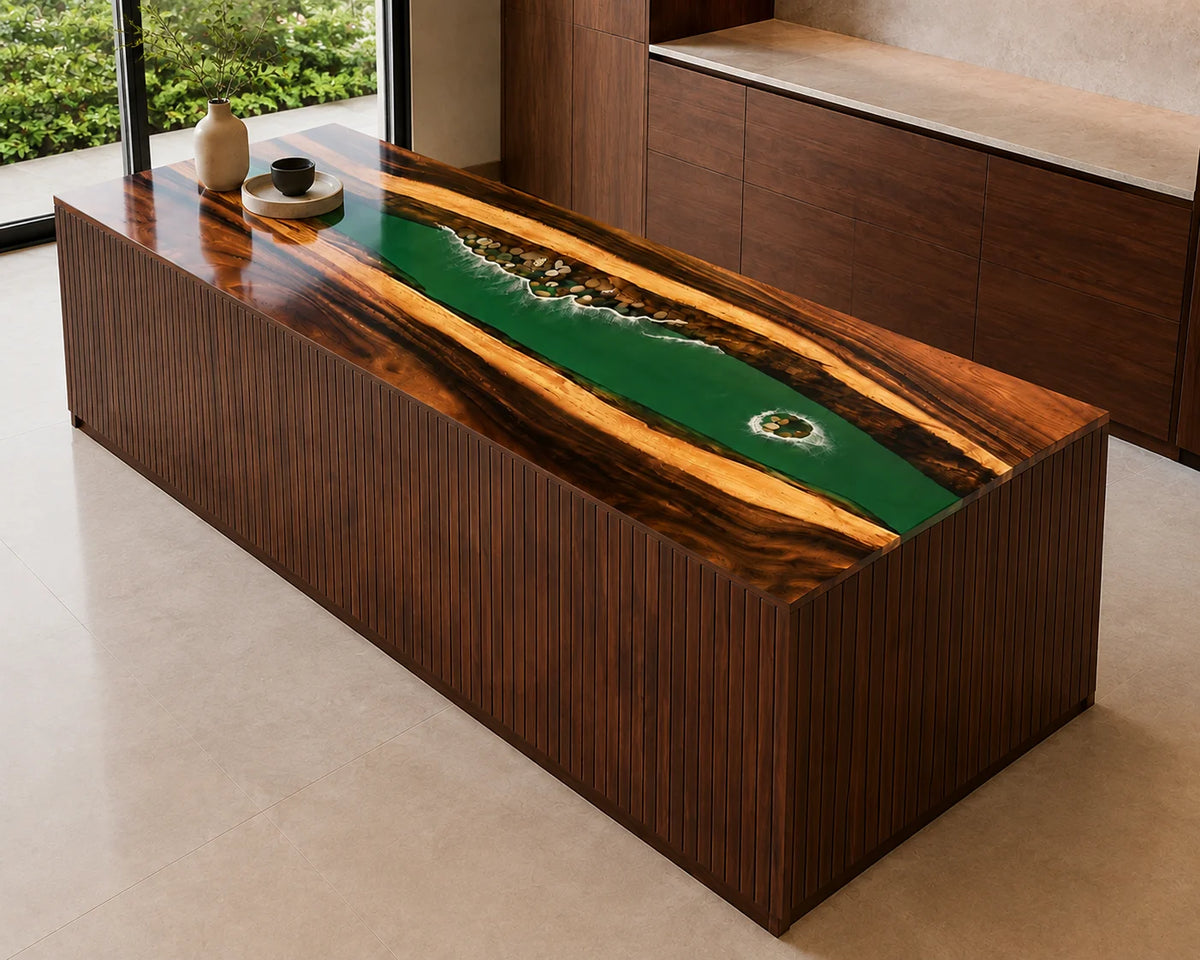 EKCC18 Emerald Surf Emerald Green with Ocean Foam Epoxy Walnut Kitchen Countertop featuring handcrafted walnut wood and emerald green with ocean foam resin-6