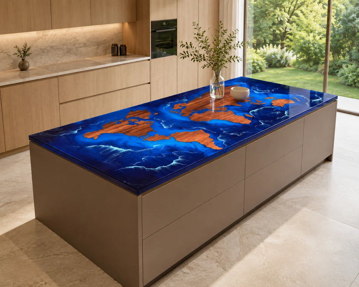 EKCC19 World Tide Galaxy Blue Epoxy Walnut Kitchen Countertop featuring handcrafted walnut wood and galaxy blue resin-2