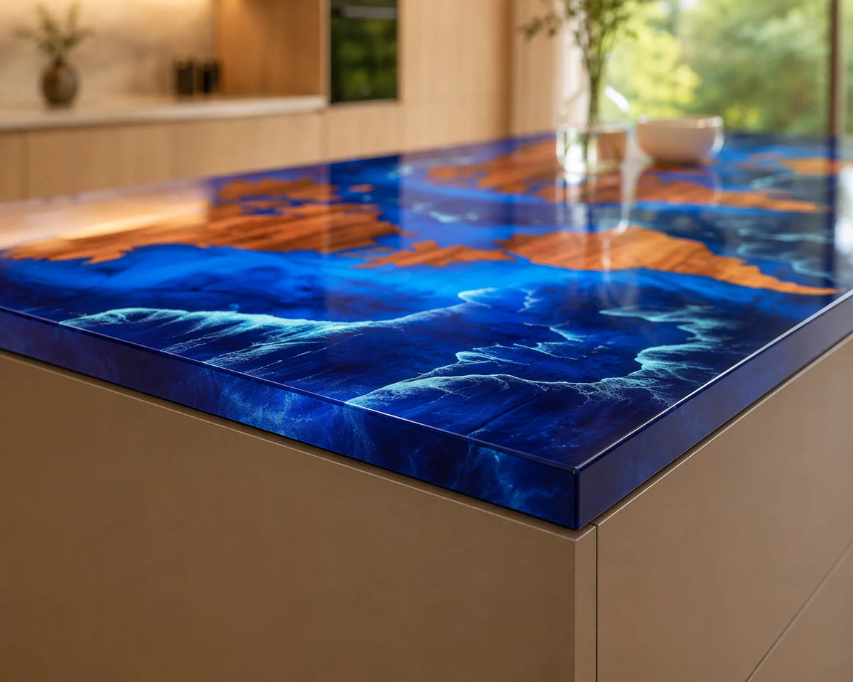 EKCC19 World Tide Galaxy Blue Epoxy Walnut Kitchen Countertop featuring handcrafted walnut wood and galaxy blue resin-4