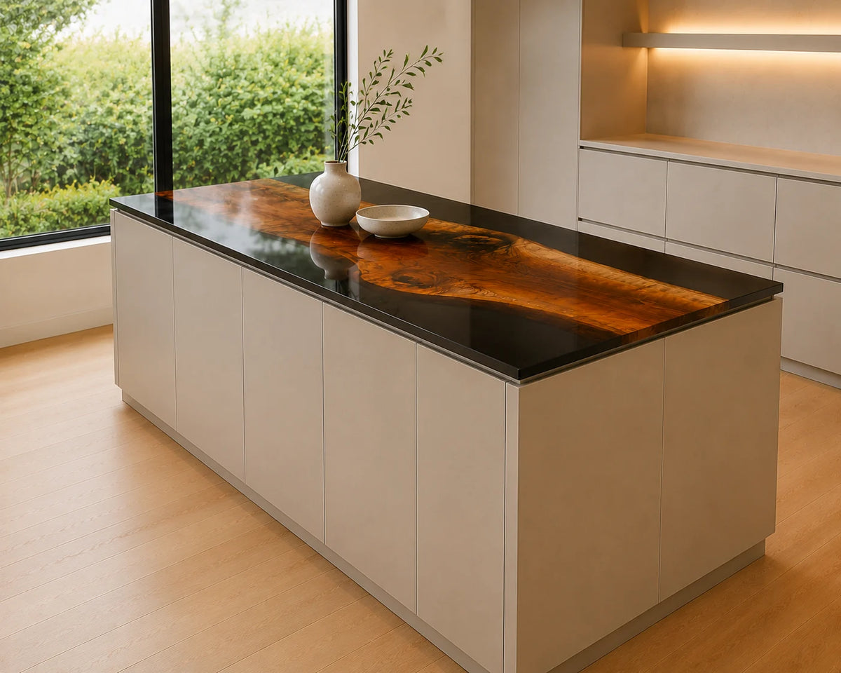 EKCC20 Blackland Slab Jet Black Epoxy Walnut Kitchen Countertop featuring handcrafted walnut wood and jet black resin-1