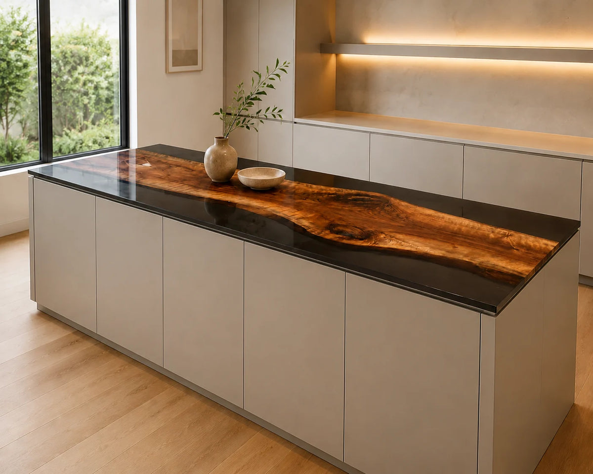 EKCC20 Blackland Slab Jet Black Epoxy Walnut Kitchen Countertop featuring handcrafted walnut wood and jet black resin-2