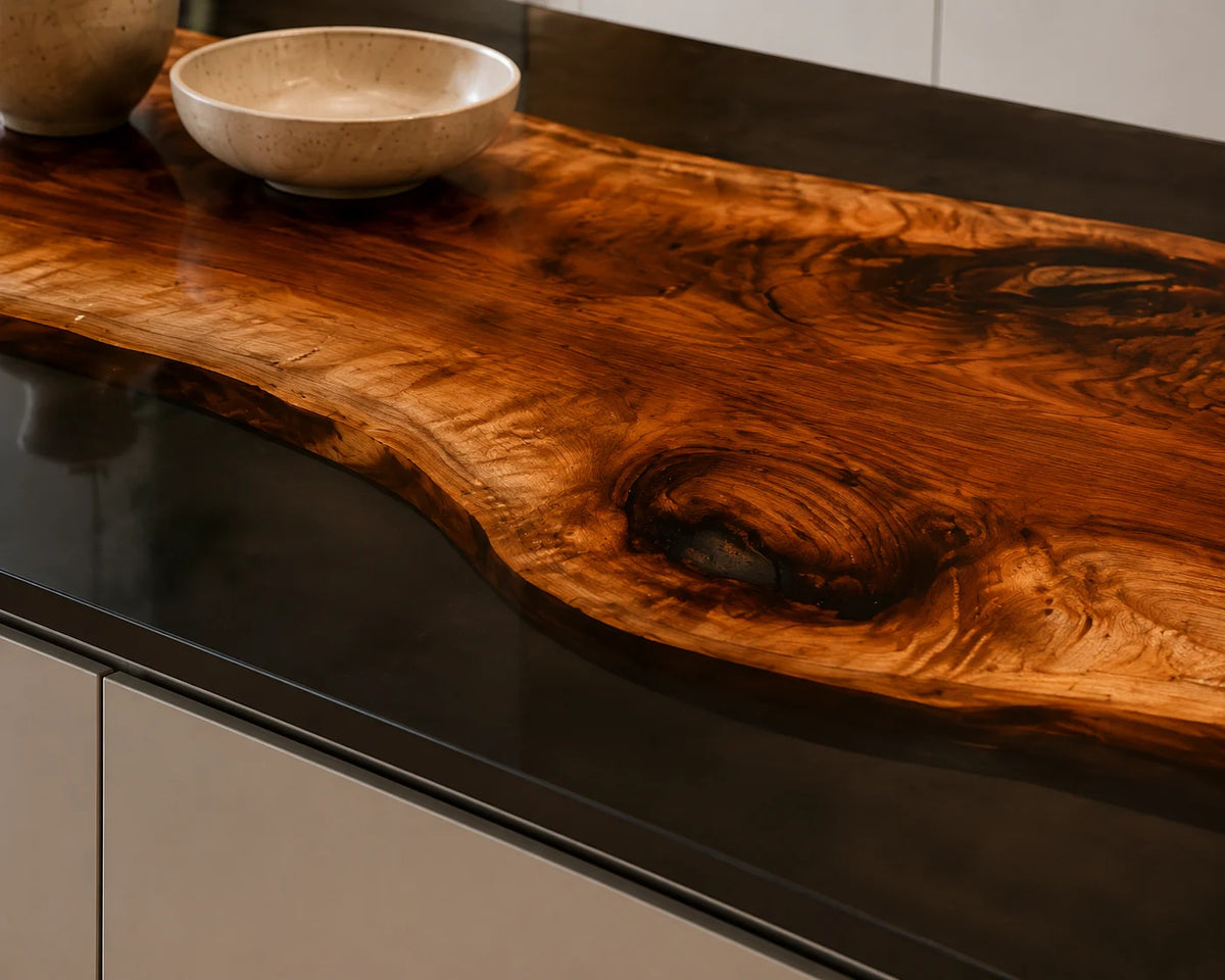 EKCC20 Blackland Slab Jet Black Epoxy Walnut Kitchen Countertop featuring handcrafted walnut wood and jet black resin-3