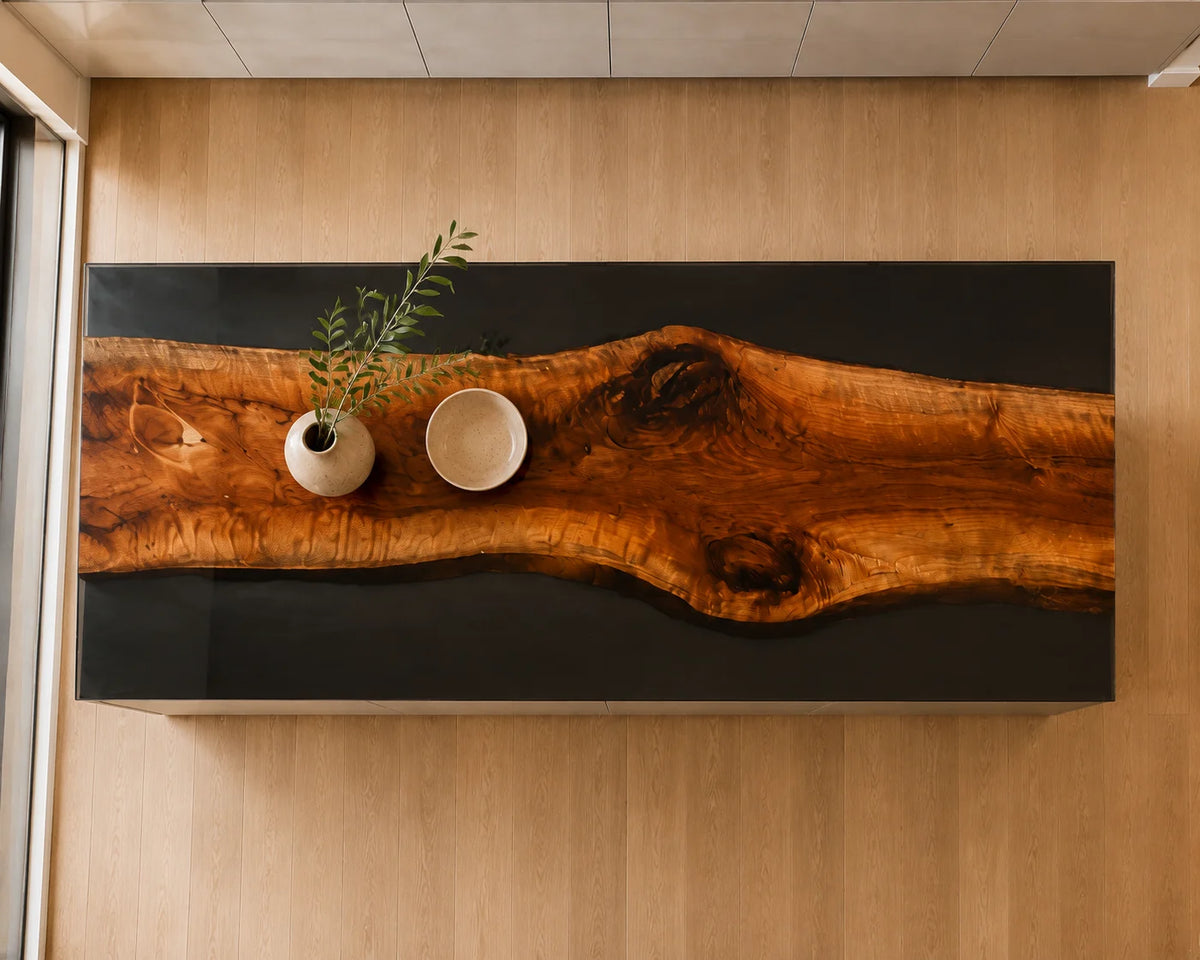 EKCC20 Blackland Slab Jet Black Epoxy Walnut Kitchen Countertop featuring handcrafted walnut wood and jet black resin-5