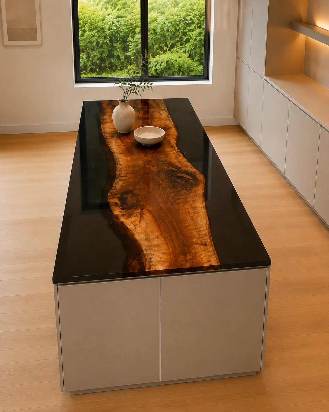 EKCC20 Blackland Slab Jet Black Epoxy Walnut Kitchen Countertop featuring handcrafted walnut wood and jet black resin-6