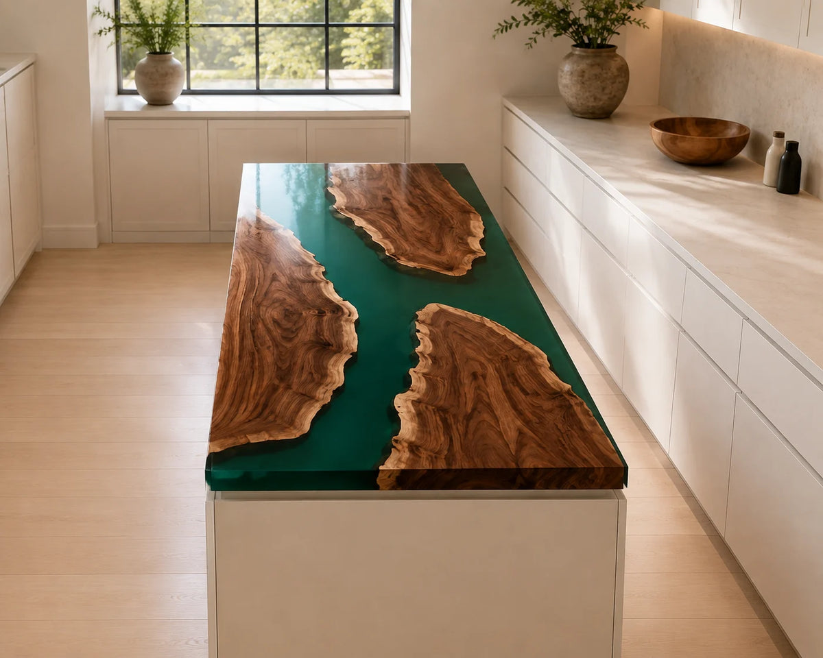 EKCC21 Green Archipelago Emerald Green Epoxy Walnut Kitchen Countertop featuring handcrafted walnut wood and emerald green resin-1