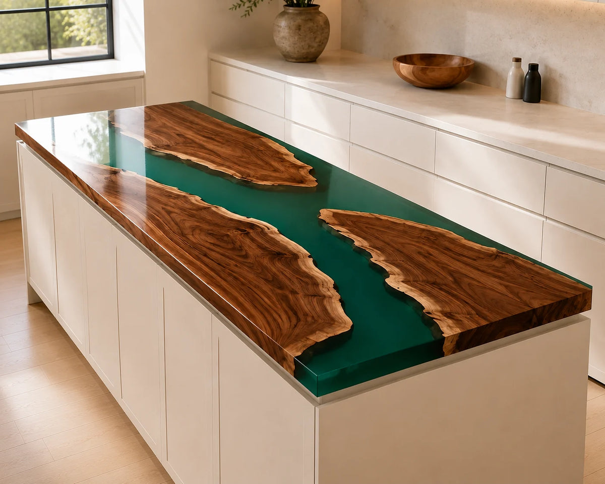 EKCC21 Green Archipelago Emerald Green Epoxy Walnut Kitchen Countertop featuring handcrafted walnut wood and emerald green resin-2