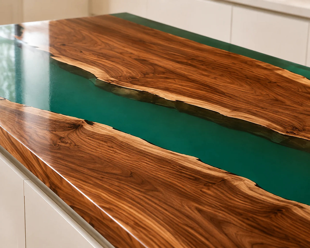 EKCC21 Green Archipelago Emerald Green Epoxy Walnut Kitchen Countertop featuring handcrafted walnut wood and emerald green resin-3