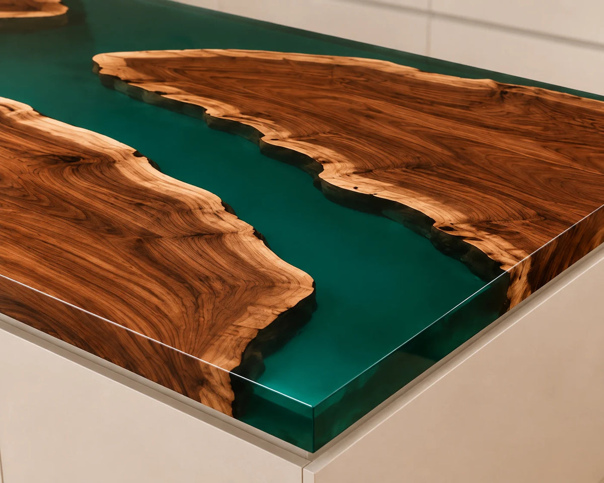 EKCC21 Green Archipelago Emerald Green Epoxy Walnut Kitchen Countertop featuring handcrafted walnut wood and emerald green resin-4