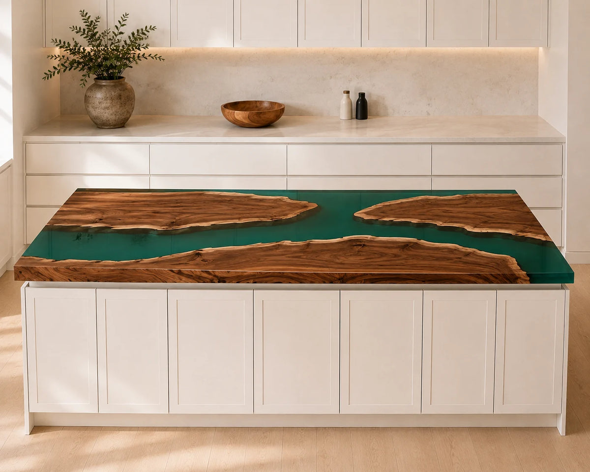 EKCC21 Green Archipelago Emerald Green Epoxy Walnut Kitchen Countertop featuring handcrafted walnut wood and emerald green resin-5