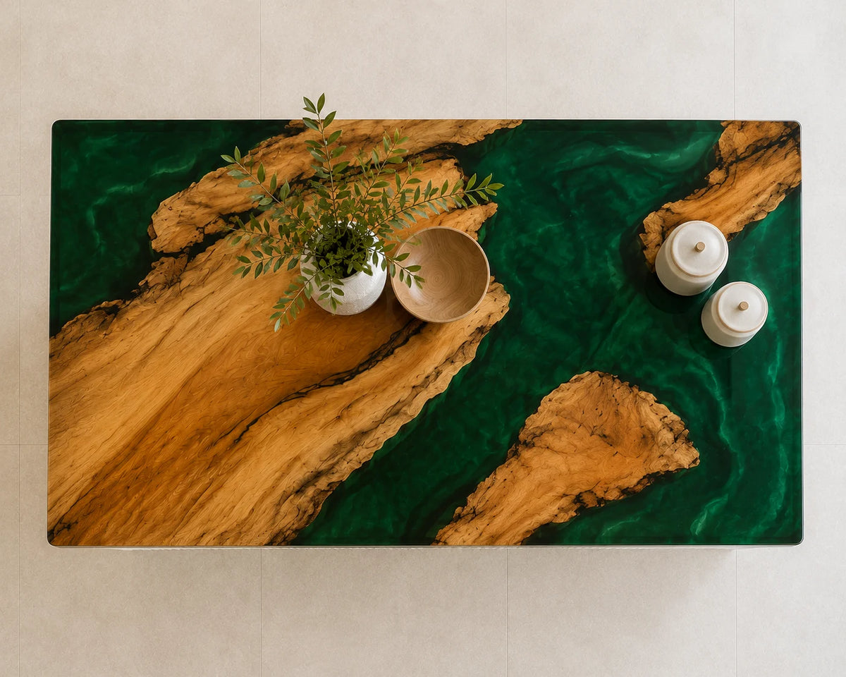 EKCC22 Verdant Island Emerald Green Epoxy Walnut Kitchen Countertop featuring handcrafted walnut wood and emerald green resin-1