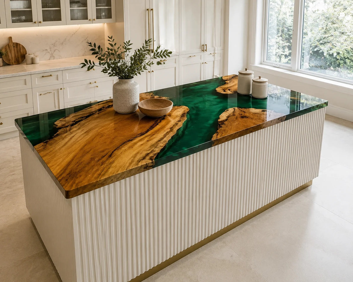 EKCC22 Verdant Island Emerald Green Epoxy Walnut Kitchen Countertop featuring handcrafted walnut wood and emerald green resin-2