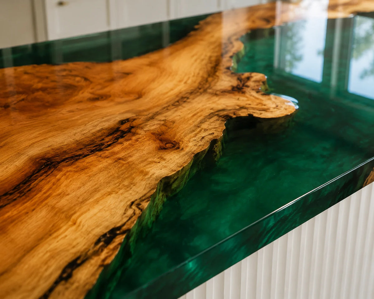 EKCC22 Verdant Island Emerald Green Epoxy Walnut Kitchen Countertop featuring handcrafted walnut wood and emerald green resin-3