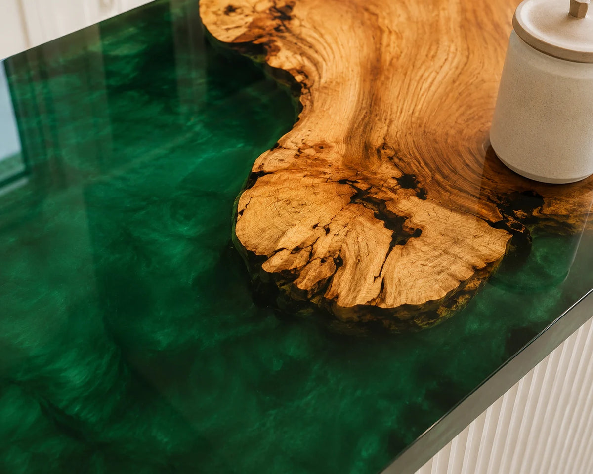 EKCC22 Verdant Island Emerald Green Epoxy Walnut Kitchen Countertop featuring handcrafted walnut wood and emerald green resin-4
