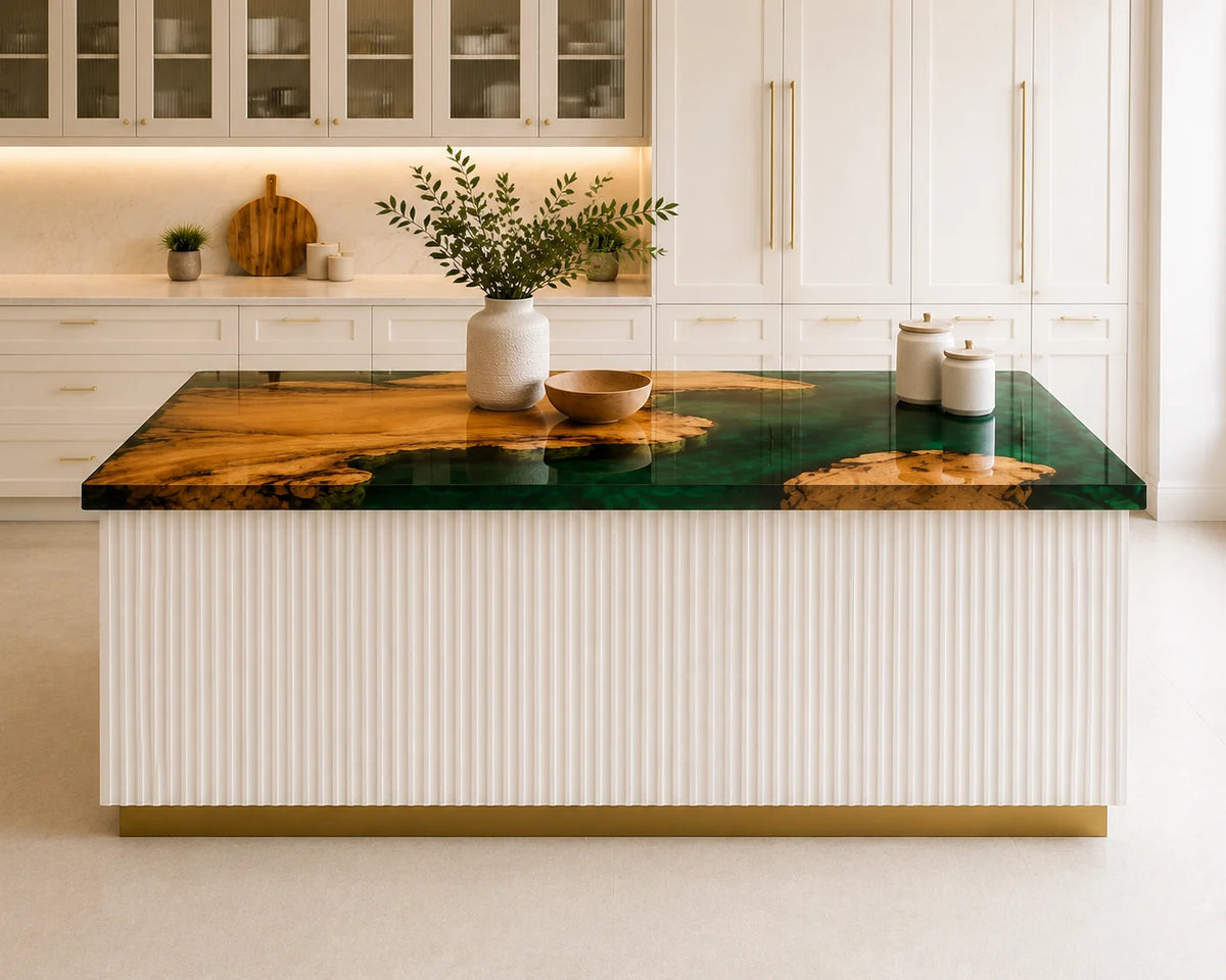 EKCC22 Verdant Island Emerald Green Epoxy Walnut Kitchen Countertop featuring handcrafted walnut wood and emerald green resin-5