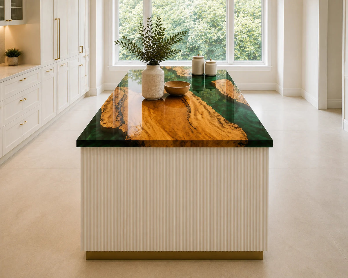 EKCC22 Verdant Island Emerald Green Epoxy Walnut Kitchen Countertop featuring handcrafted walnut wood and emerald green resin-6