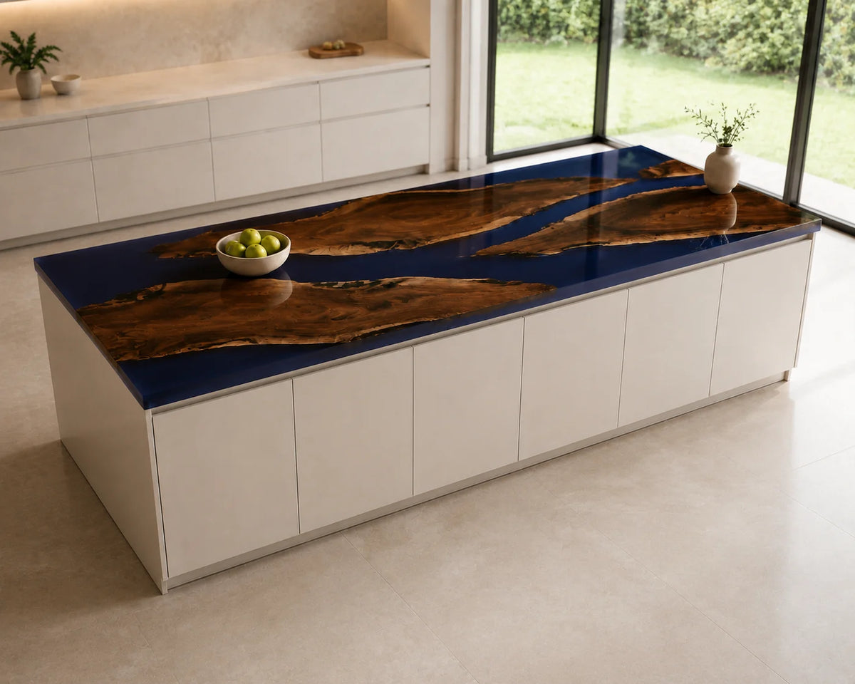 EKCC23 Deepwater Isles Deep Blue Epoxy Walnut Kitchen Countertop featuring handcrafted walnut wood and deep blue resin-1