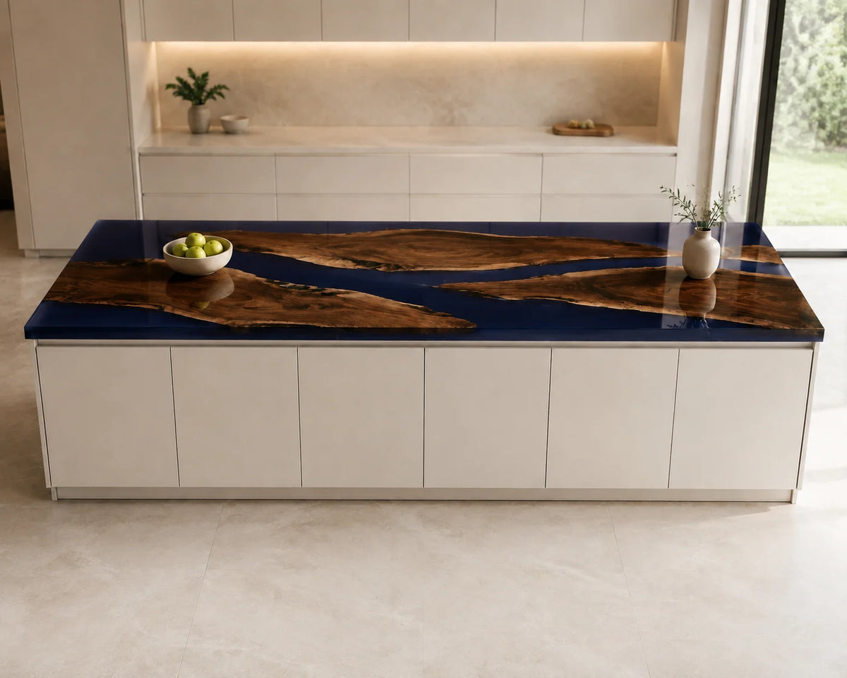 EKCC23 Deepwater Isles Deep Blue Epoxy Walnut Kitchen Countertop featuring handcrafted walnut wood and deep blue resin-2