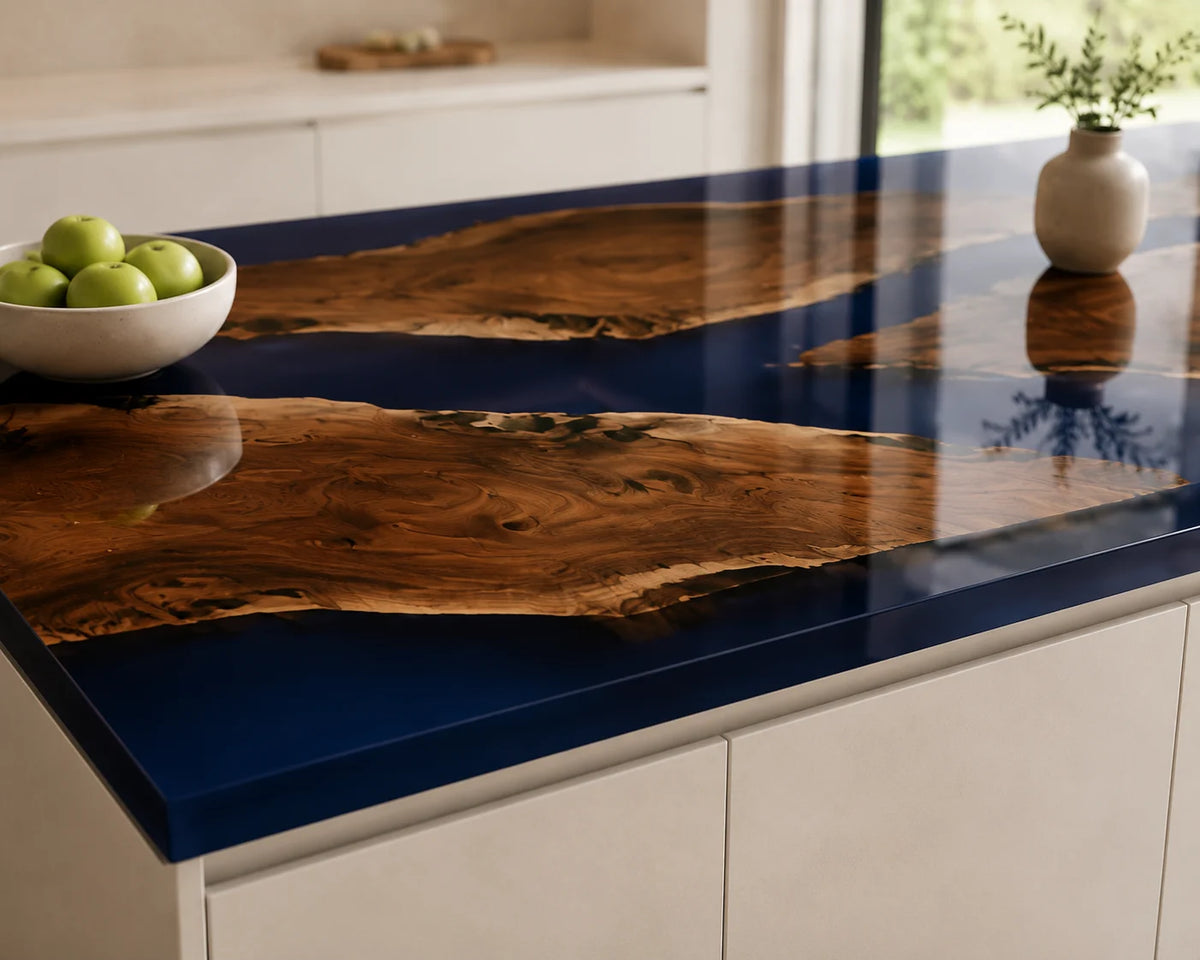EKCC23 Deepwater Isles Deep Blue Epoxy Walnut Kitchen Countertop featuring handcrafted walnut wood and deep blue resin-3
