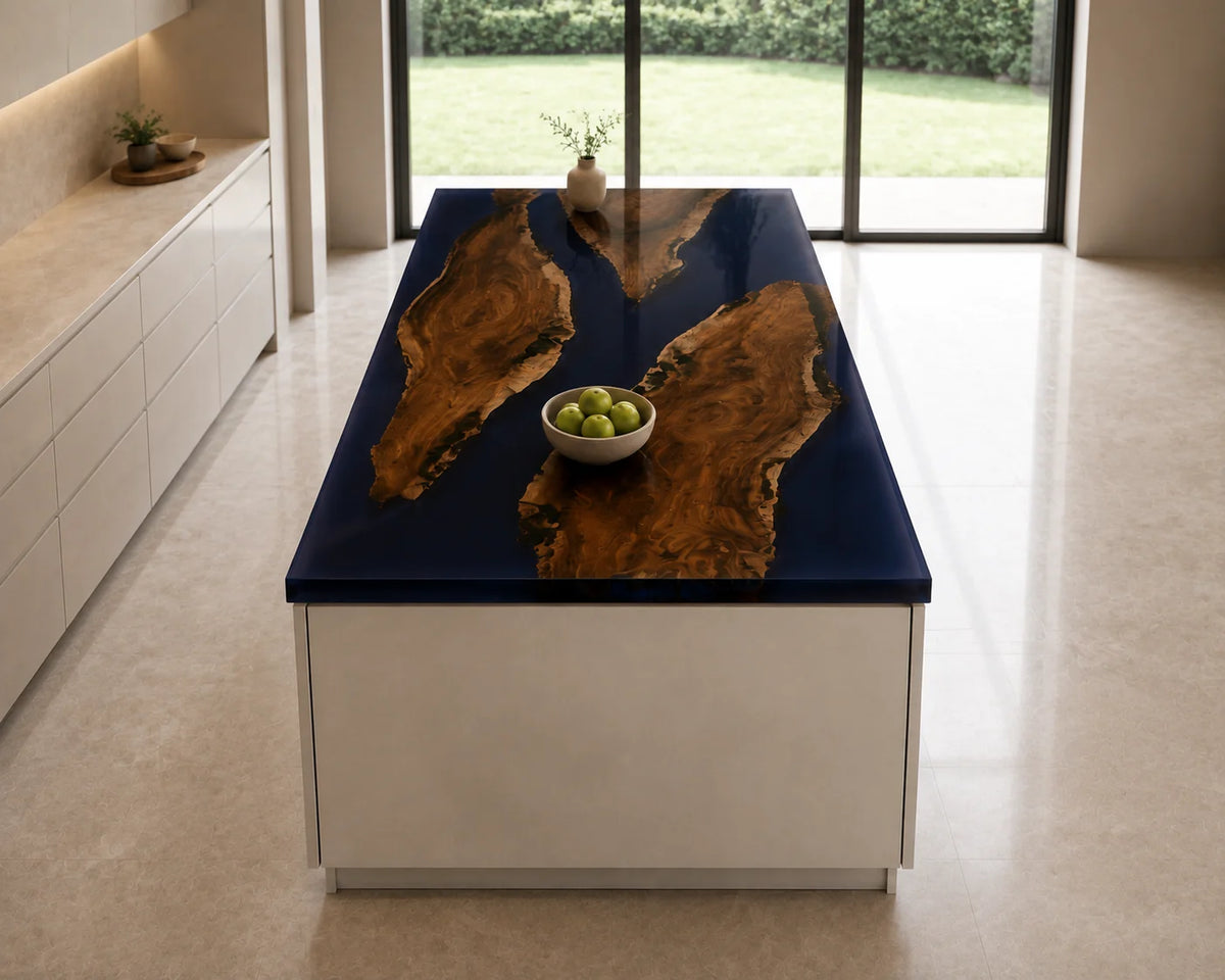EKCC23 Deepwater Isles Deep Blue Epoxy Walnut Kitchen Countertop featuring handcrafted walnut wood and deep blue resin-6