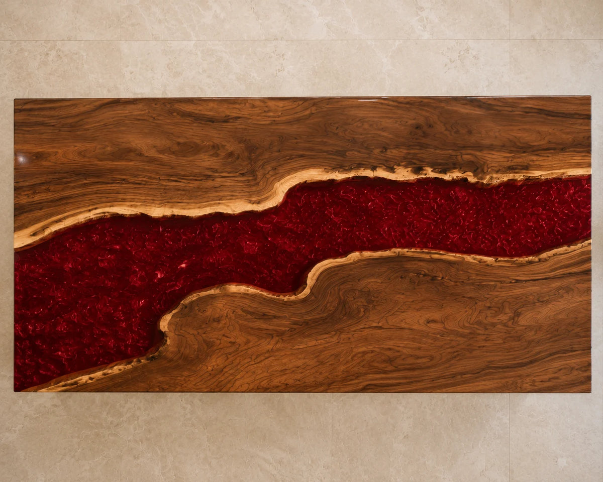 EKCC24 Crimson Channel Ruby Red Epoxy Walnut Kitchen Countertop featuring handcrafted walnut wood and ruby red resin-1