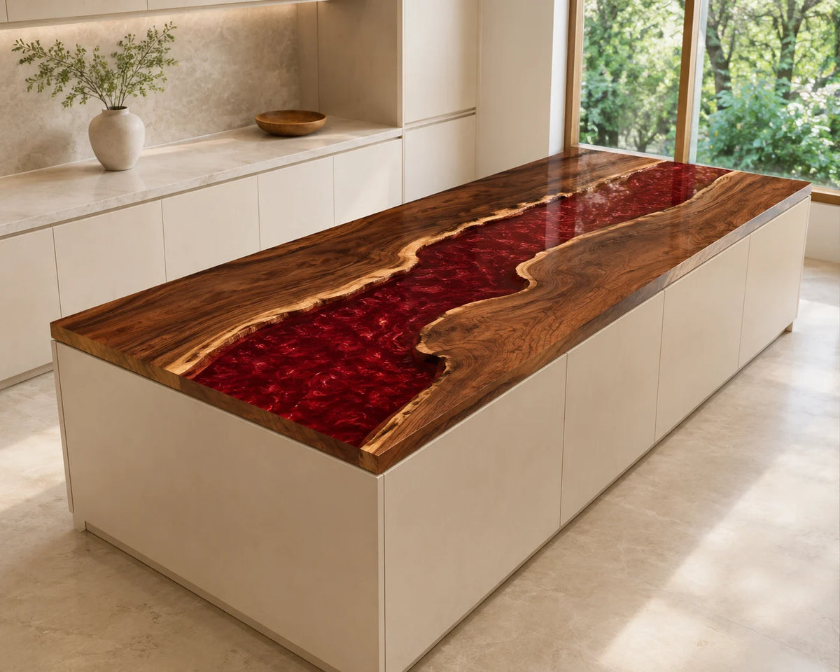 EKCC24 Crimson Channel Ruby Red Epoxy Walnut Kitchen Countertop featuring handcrafted walnut wood and ruby red resin-2